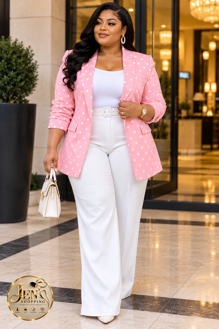 Blazer rose à pois Dragée porté, nouvel arrivage Jen Shopping