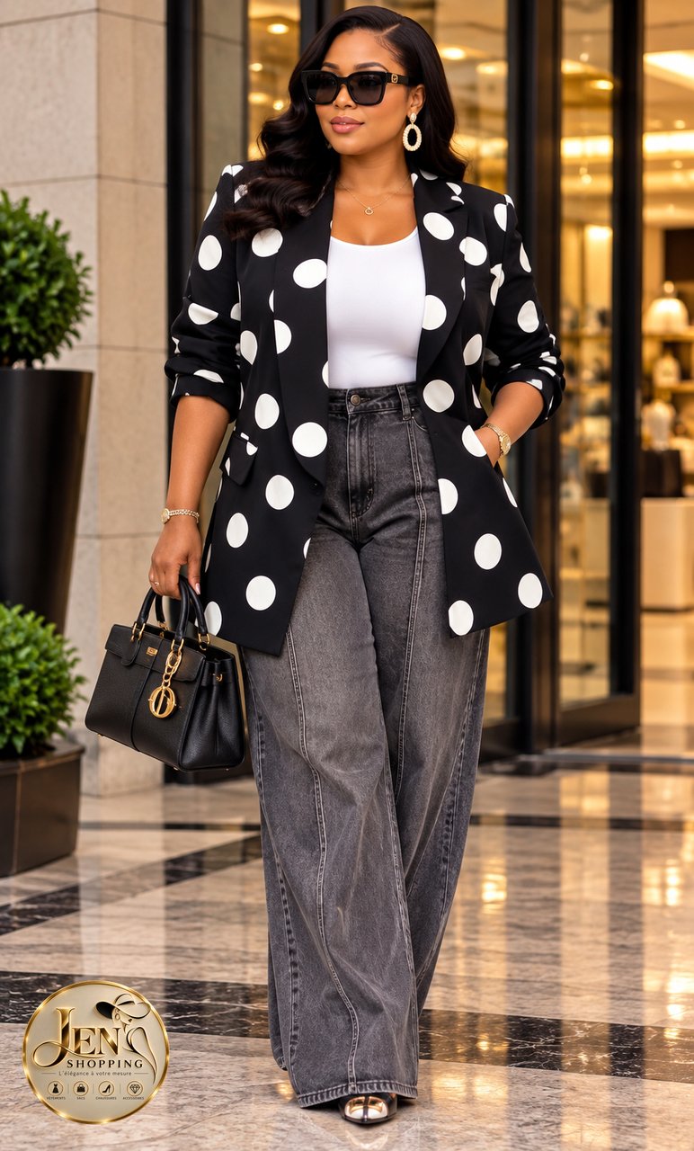 Blazer pois noir · look jean Minuit porté, nouvel arrivage Jen Shopping