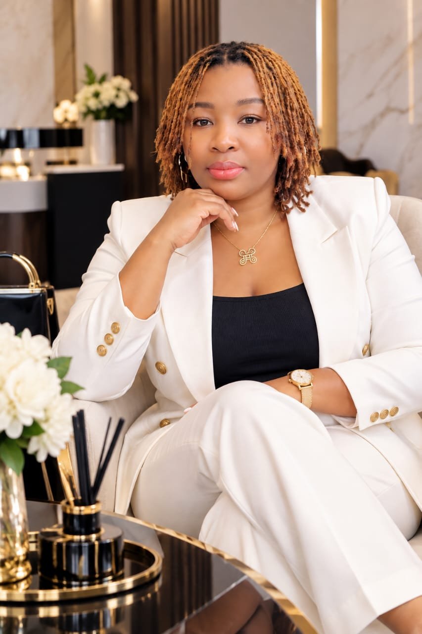 Jen, fondatrice de Jen Shopping, en tailleur blanc