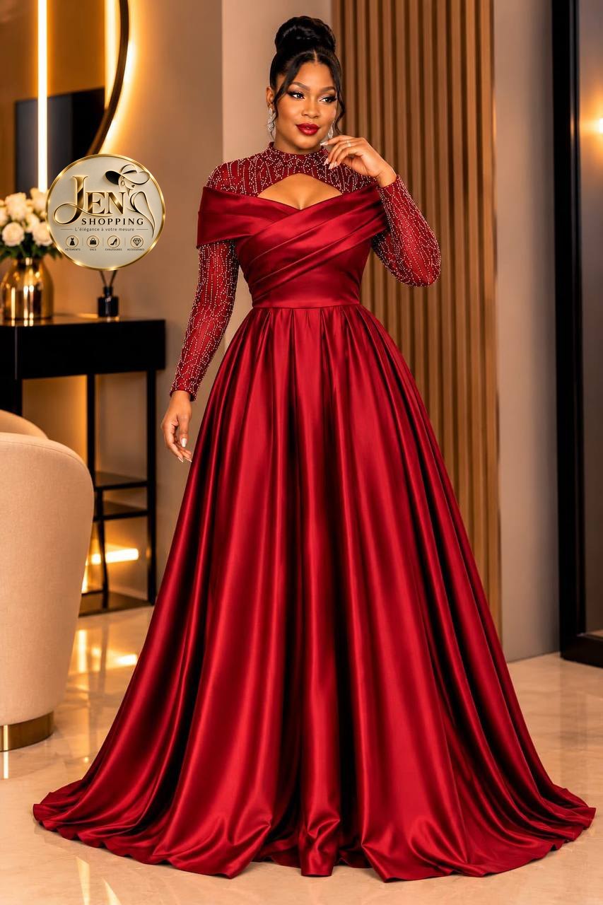 Robe de cérémonie en satin bordeaux, manches perlées, précommande Jen Shopping