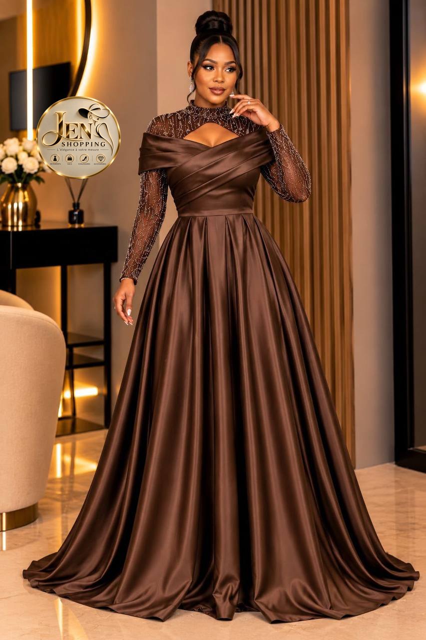 Robe de cérémonie en satin chocolat, manches perlées, précommande Jen Shopping