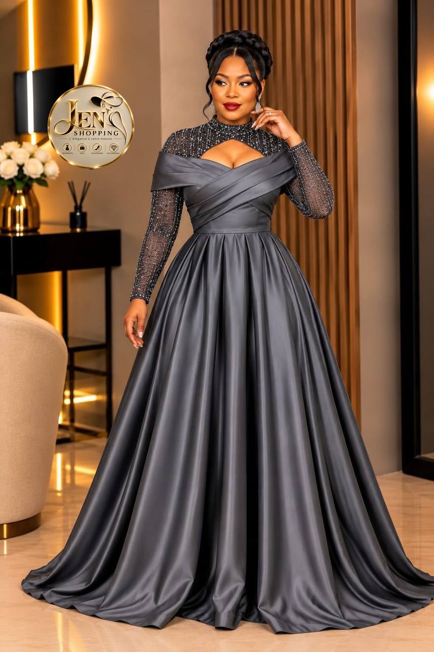 Robe de cérémonie en satin gris anthracite, manches perlées, précommande Jen Shopping