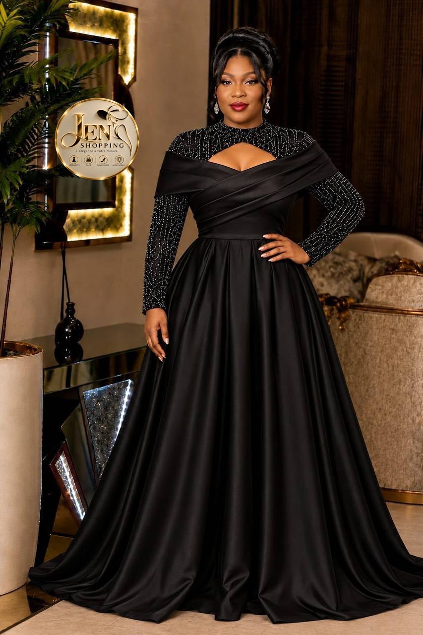 Robe de cérémonie en satin noir, manches perlées, précommande Jen Shopping