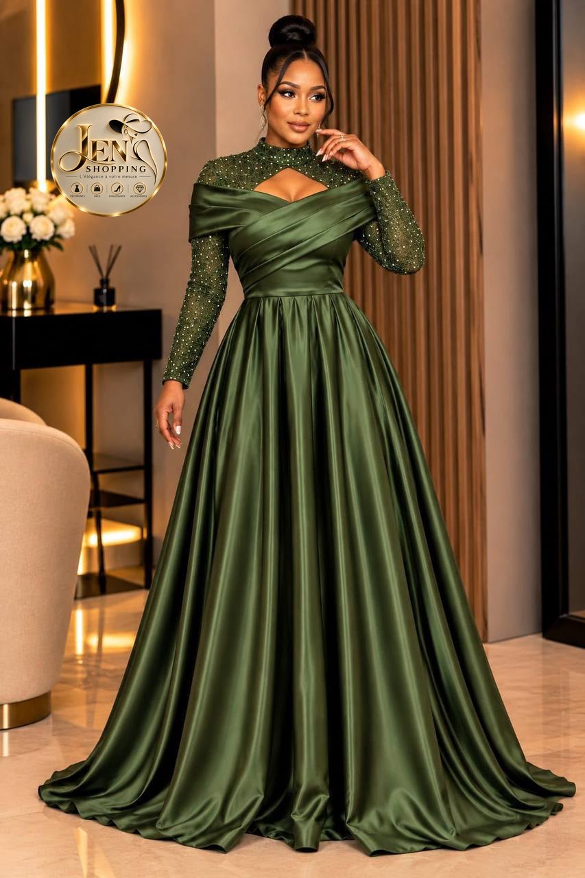 Robe de cérémonie en satin vert olive, manches perlées, précommande Jen Shopping