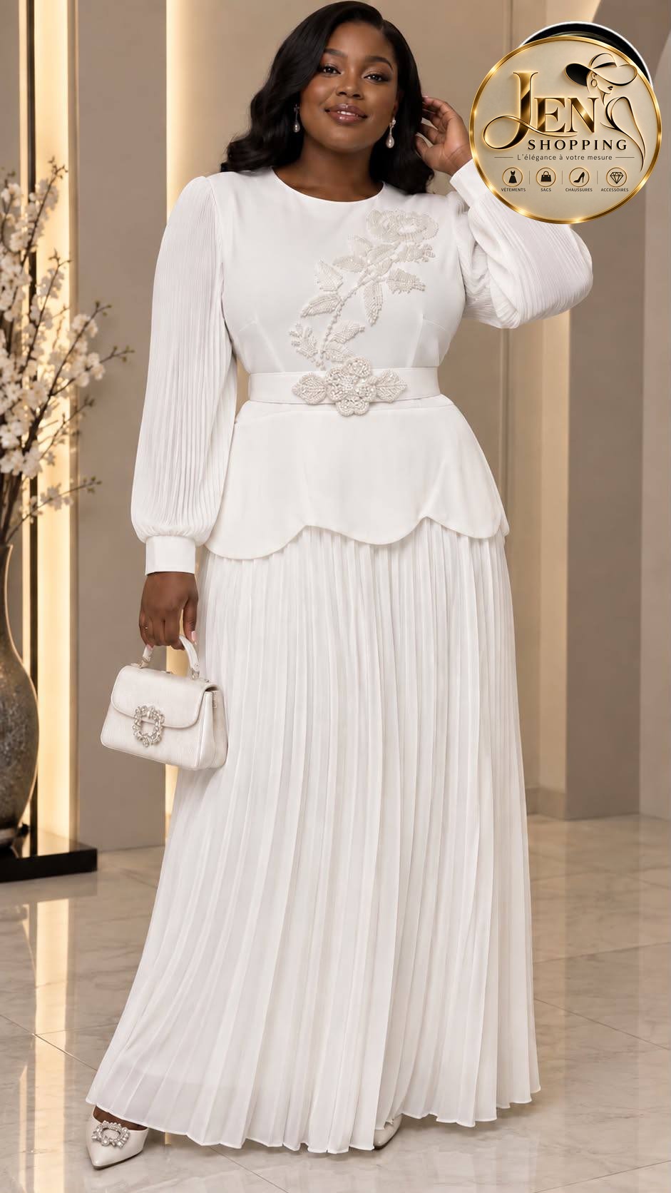 Robe longue plissée brodée perles, blanc, Jen Shopping