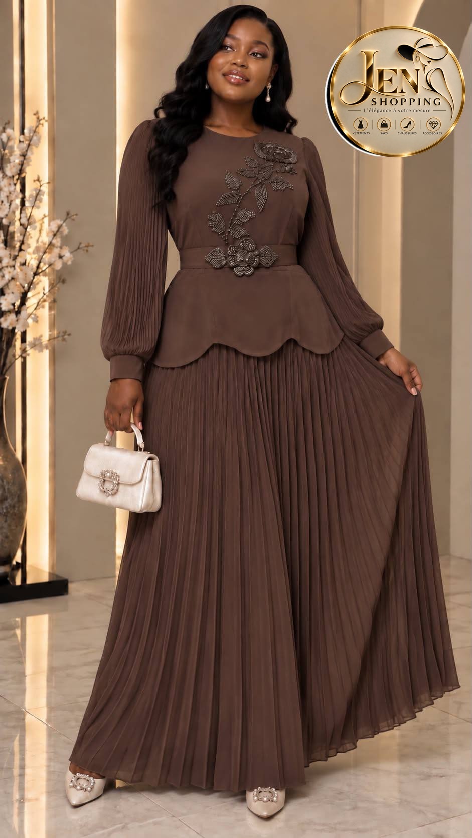 Robe longue plissée brodée perles, marron, Jen Shopping