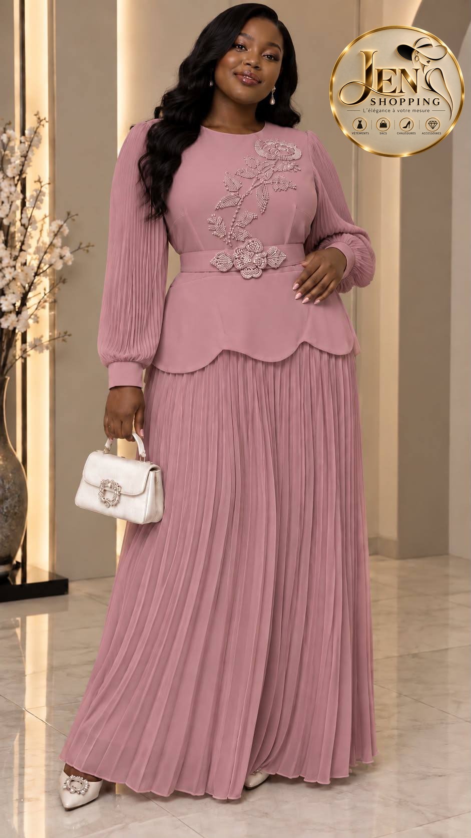 Robe longue plissée brodée perles, rose poudré, Jen Shopping