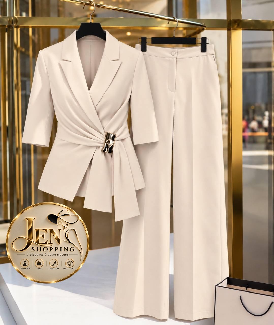 Ensemble tailleur croisé ceinturé beige, Jen Shopping