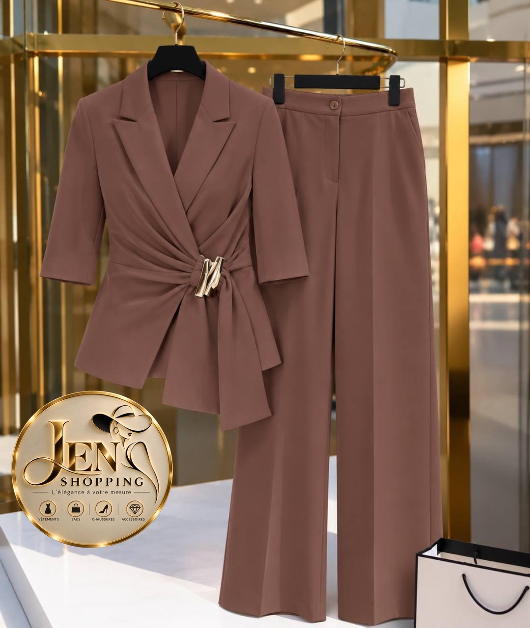 Ensemble tailleur croisé ceinturé brun, Jen Shopping