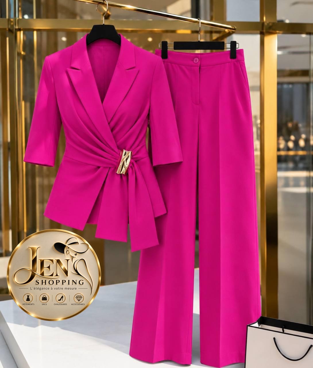 Ensemble tailleur croisé ceinturé fuchsia, Jen Shopping