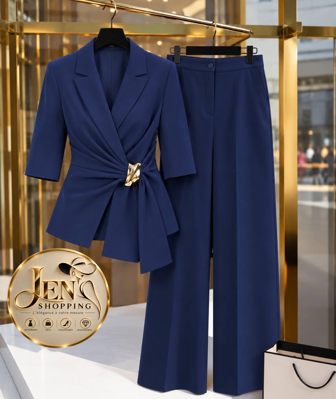 Ensemble tailleur croisé ceinturé bleu marine, Jen Shopping