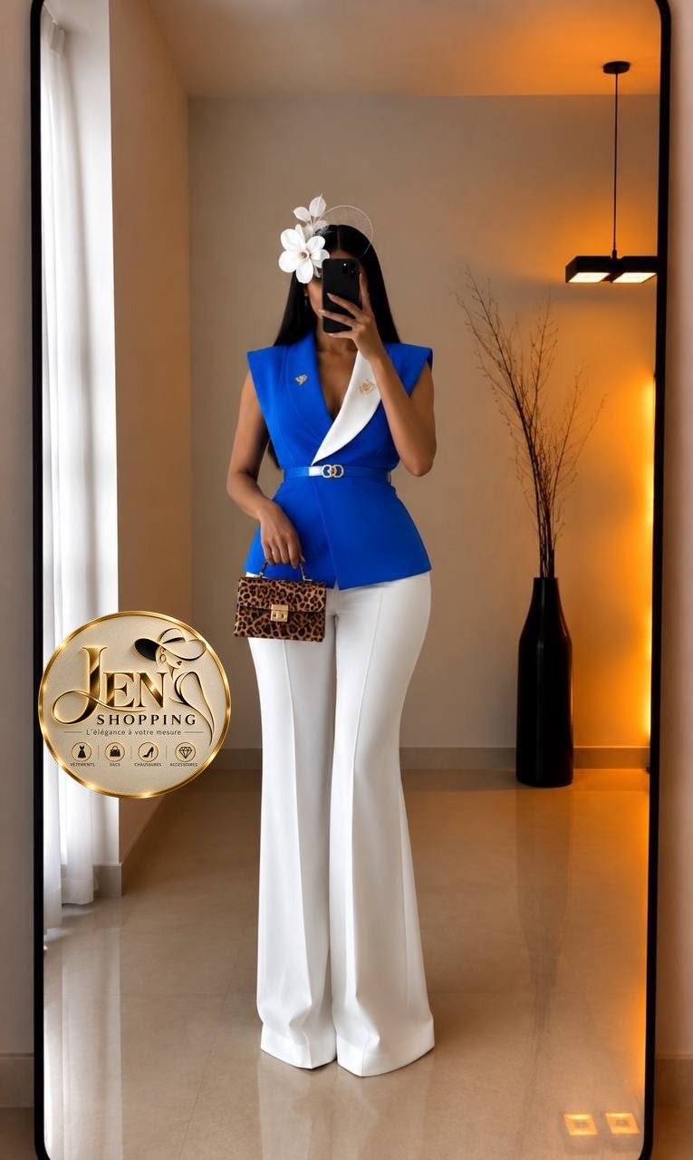 Ensemble tailleur peplum bicolore bleu et blanc, Jen Shopping