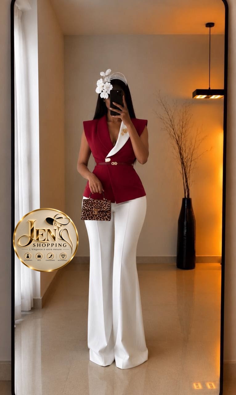 Ensemble tailleur peplum bicolore bordeaux et blanc, Jen Shopping